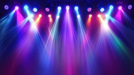 Obraz premium Colorful stage lighting beams illuminate a dark concert venue.