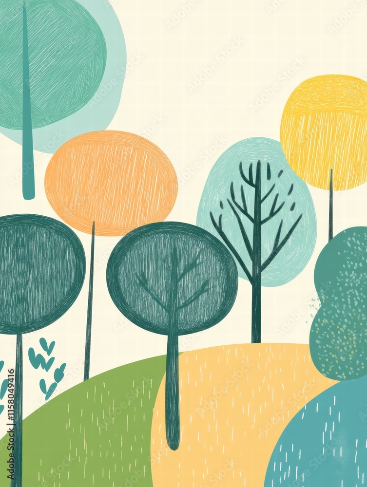 Aufkleber Colorful naive art style background with abstract trees and hills for creative projects and presentations. Generative AI