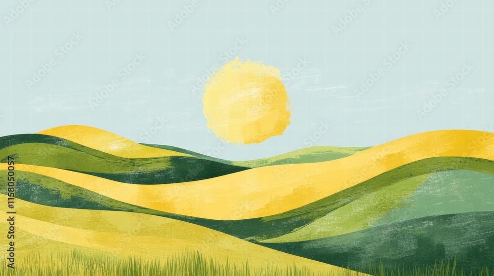 Aufkleber bright sun rises over rolling hills in a naive art style landscape with ample room for text and crea