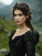 Brunette Woman in Black Medieval Dress with Crown Standing in Lush Green Hills