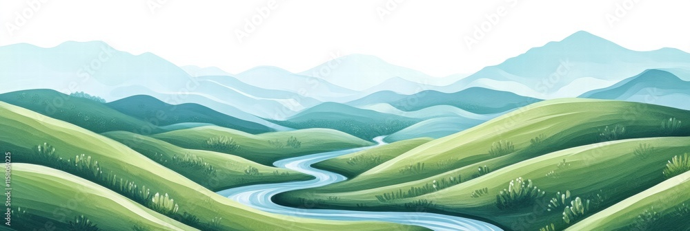 Fototapete serene landscape with gentle hills and flowing river offering ample copy space for text. generative 