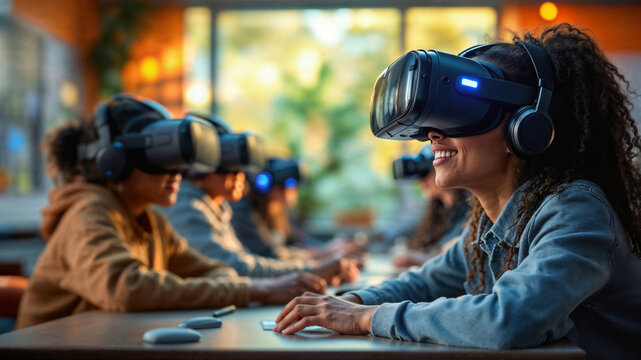 Female student smiling while using a virtual reality headset in classroom. Group of young adults exploring immersive technology, collaborative learning environment. Education, training, and innovation