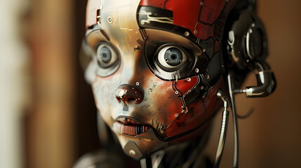 Fototapeta premium This highly advanced robot features intricate design, expressive face, dynamic colors, and cuttingedge technology. Its perfect for scifi and technologythemed projects