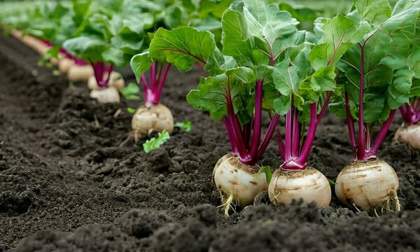 Fresh turnips growing in rich soil with vibrant leaves.