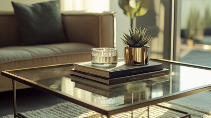 Lit candle, books, succulent on glass coffee table in sunlit living room.