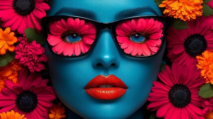 Blue-skinned woman with flowers and sunglasses.