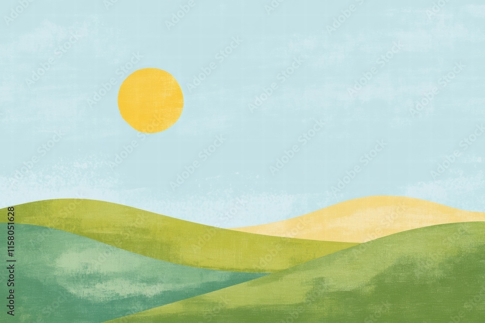 Poster landscape with rolling hills and bright sun in a naive art style for creative mock up with ample cop