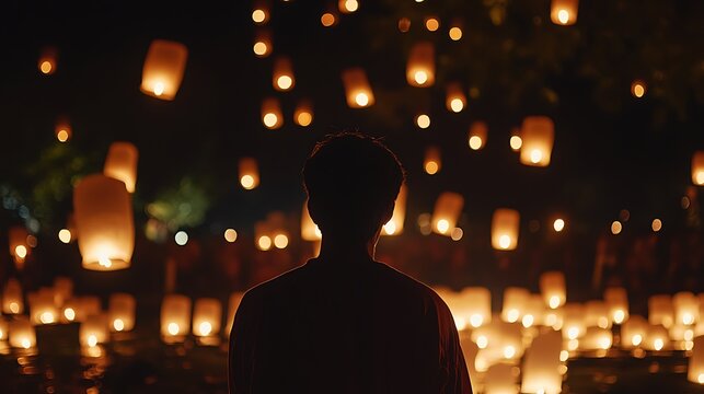 An outdoor lantern release during the Yi Peng Festival in Chiang Mai, with thousands of floating lanterns illuminating the night sky, representing the release of misfortune and the hope for 
