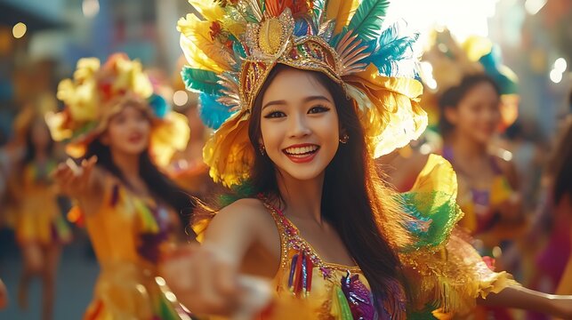 A group of young women performing a traditional Filipino dance during the Sinulog Festival, wearing colorful costumes and headdresses, moving in harmony to the beat of the drums in a lively 