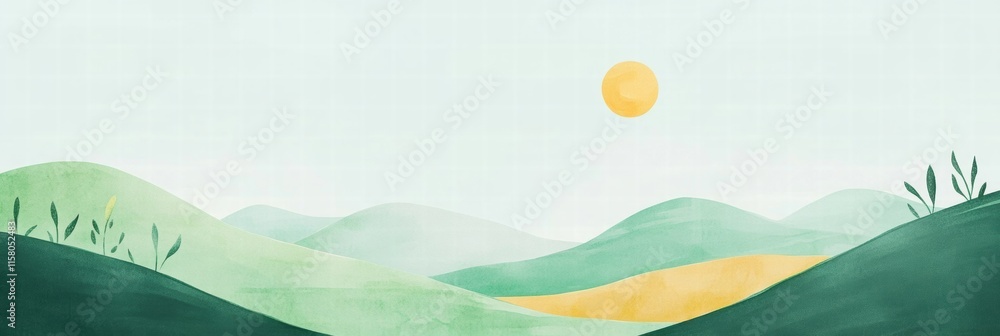 Poster Naive art style landscape with sun and soft hills featuring ample copy space for text. Generative AI