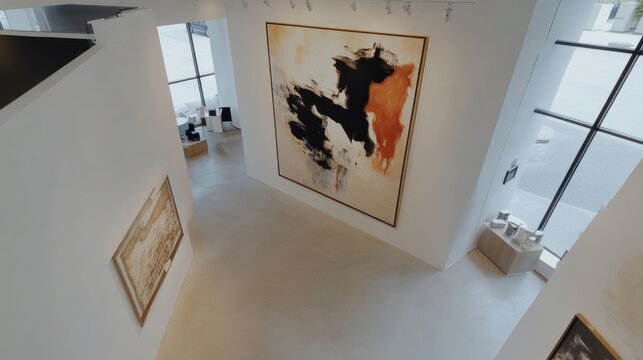 High-angle view of modern art gallery interior with large abstract painting.