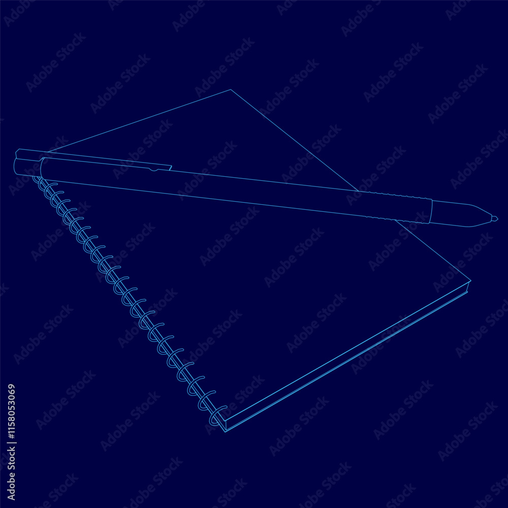 Poster pen and a spiral notebook are placed on top of each other. the notebook is blue and the pen
