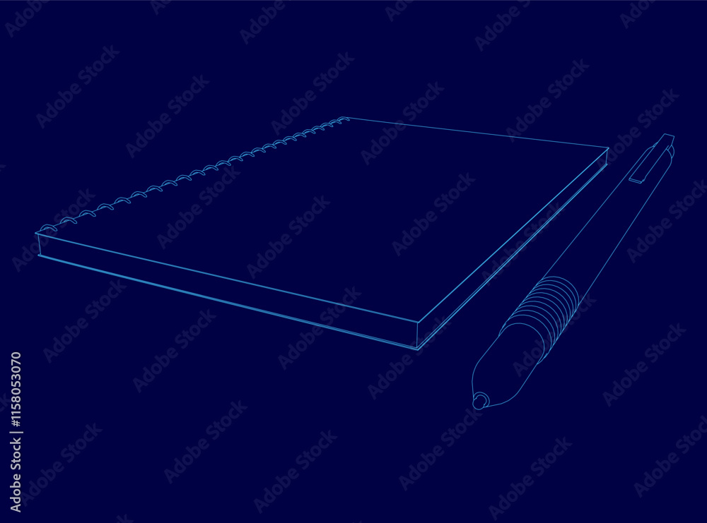 Poster Blue notebook with a pen on top of it. The notebook is open to a page with a single word written on it. The pen is resting on the notebook, with the tip pointing to the word
