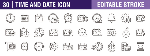 Collection of time and date icons. Schedule, work, holiday, month, day. Vector design template, signs, symbols, editable stroke.