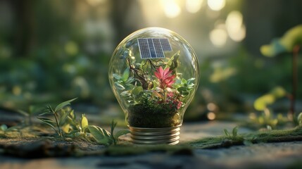Solar-powered lightbulb with miniature plants inside, sitting on mossy ground in a forest.
