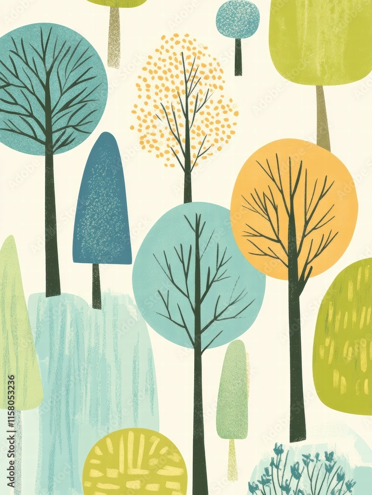 Poster colorful naive art style trees with space for text and design elements in a playful, whimsical arran