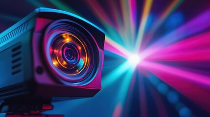 Close-up of a security camera lens with vibrant colorful lights in the background.