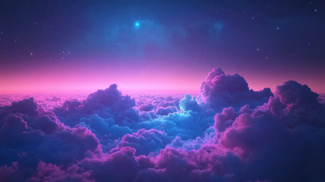 A fantastical skyscape with neon pink and cobalt blue clouds swirling together under a twilight gradient