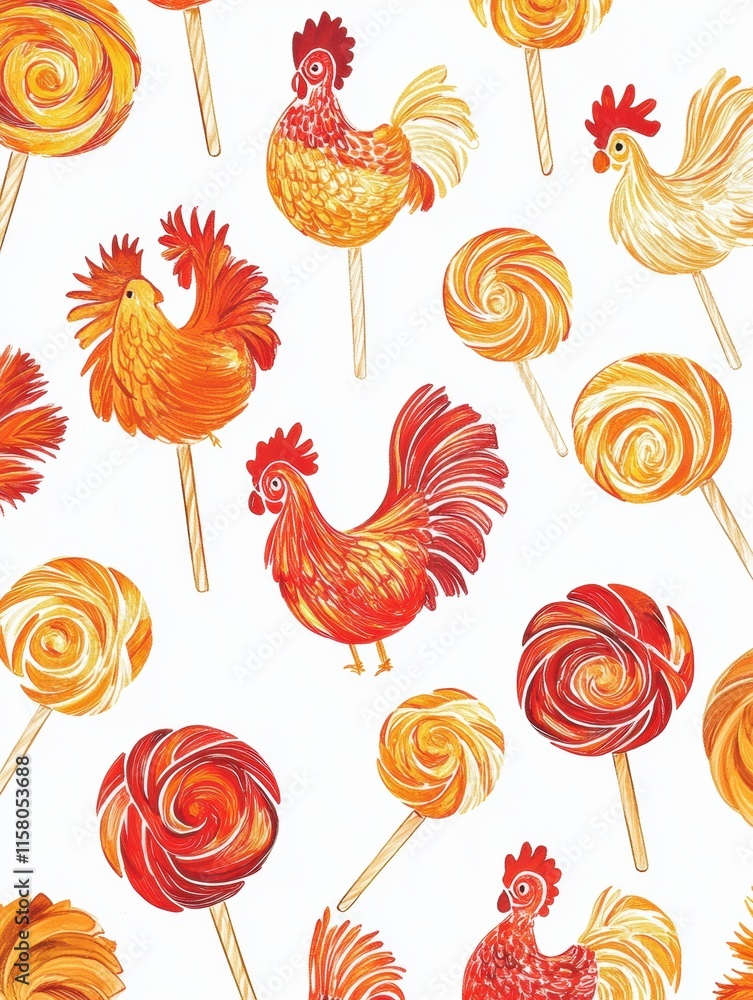 Leinwandbilder Vibrant rooster shaped lollipops in colorful patterns ideal for creative mockups. Generative AI
