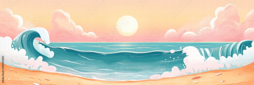 Poster vibrant naive art style ocean view at sunset with gentle waves and pink clouds in a serene coastal l