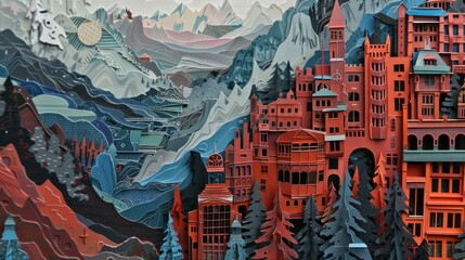 Obraz premium Papercut Cityscape - Mountains, Buildings, and Nature