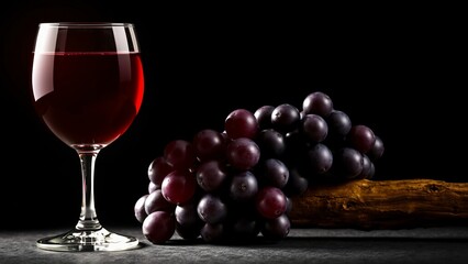 Fototapeta premium Elegant Glass of Red Wine with Fresh Grapes on Dark Background
