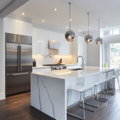 Modern white kitchen with marble island, stainless steel appliances, and pendant lights.