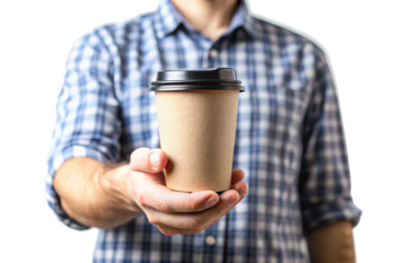 Man Offering Takeout Coffee Cup Brown Paper, Black Lid