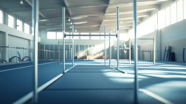 Sunlit gymnastics training facility with parallel bars.