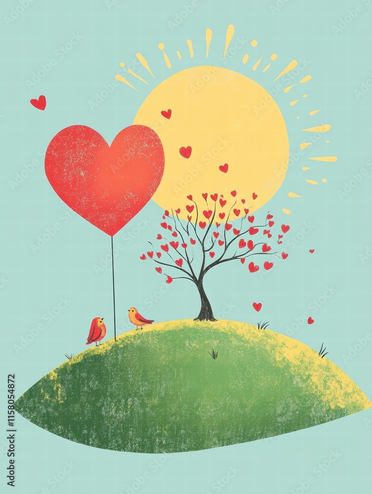 Poster whimsical valentines day design featuring playful elements and a heart shaped balloon. generative ai