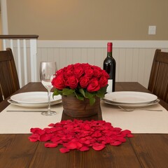 A romantic dining setup featuring a bouquet of red roses, a bottle of wine, and elegantly arranged dinnerware, creating an inviting atmosphere for a special occasion.