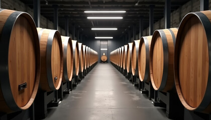 Wine barrels in a row, industrial, brown, aging