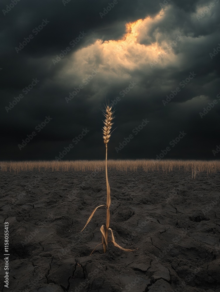 Poster barren landscape featuring a lone stalk of withered wheat under dark stormy clouds in a desolate fie