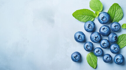 Fresh Blueberries with Mint on Blue Background 