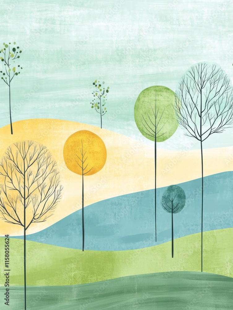 Aufkleber Colorful naive art style landscape featuring trees, hills, and open space for creative text placement. Generative AI