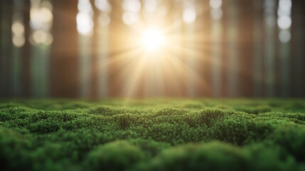 Naklejka premium A serene forest scene showcasing lush green moss illuminated by soft sunlight filtering through trees, creating a tranquil atmosphere.