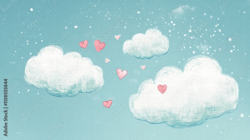Fototapete whimsical clouds with hearts in a naive valentines day design featuring copy space. generative ai