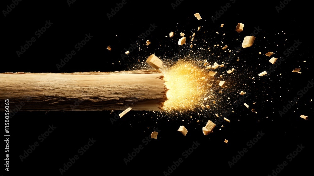 Poster explosive impact of a wood splitting action studio setting digital art dark background close-up view