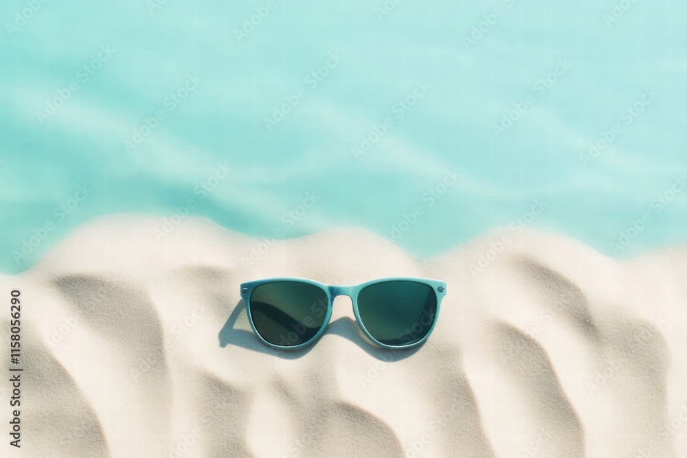 Aufkleber stylish sunglasses resting on soft sand with clear blue water in the background inviting a relaxing 