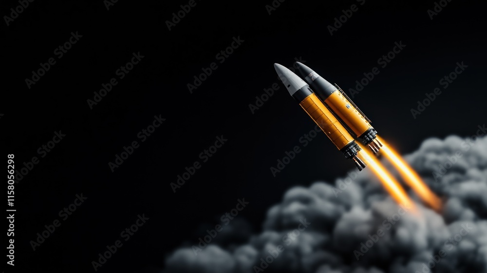 Poster rocket launch event space action sequence dark environment dramatic viewpoint technology advancement