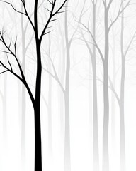 A minimalist depiction of a foggy forest with bare trees, emphasizing depth and atmosphere through varying shades of gray and black.