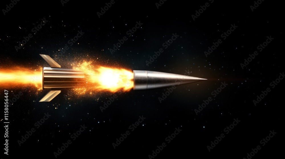 Poster rocket launch event outer space digital art dramatic environment close-up view futuristic concept