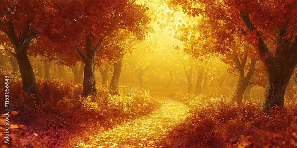 Poster digital rendering of autumnal forest path