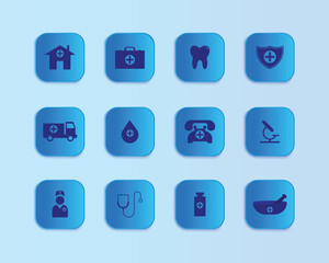 Clean square shaped blue icons with dark  blue details, ideal for medical-themed projects.