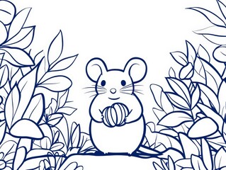 A cute, cartoon-style mouse holding a ball, surrounded by lush plants and mushrooms, creating a whimsical, nature-inspired scene.