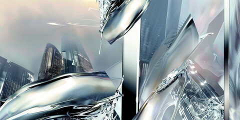 Abstract Composition: Metallic Fragments and Cityscape