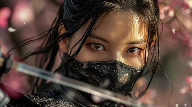 beautiful female samurai with face mask