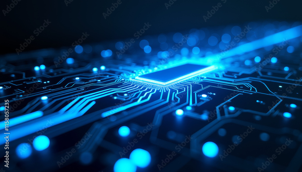 Poster close-up of a high-tech circuit board with glowing components symbolizing advancements in science an