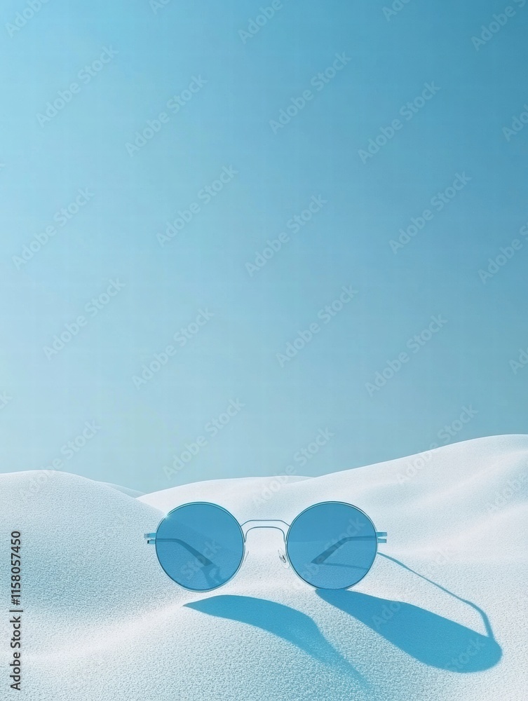 Poster trendy blue sunglasses resting on soft white sand under a clear sky with ample copy space for text. 