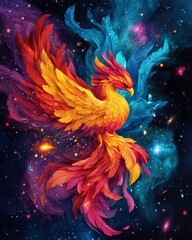 Fototapeta premium A vibrant, colorful phoenix emerges from a cosmic background, showcasing fiery hues of orange, red, and blue feathers, symbolizing rebirth and transformation amidst a starry universe.